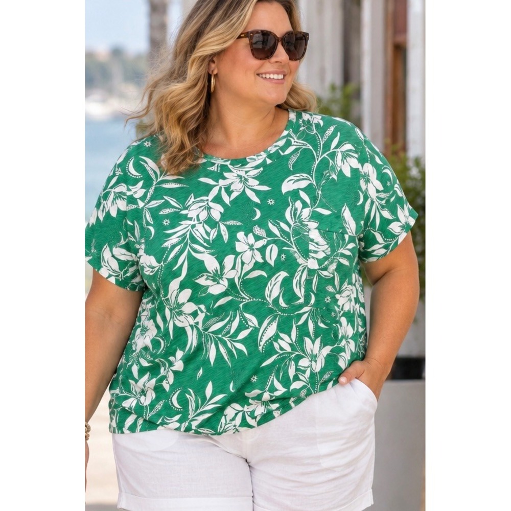 Sanctuary Green Floral Pocket Tee Plus 3X Tropical Slub Knit Top Casual